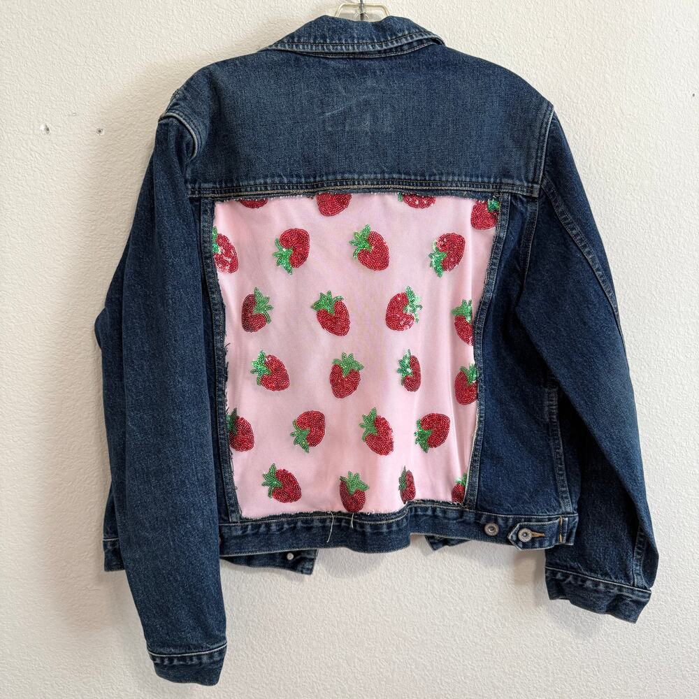 Upcycled Denim Trucker Jacket by Eddie Bauer w/Sequenced Strawberry Print XL